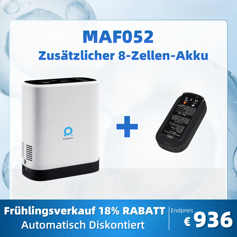 RAAROXY 5L Tragbarer Sauerstoffkonzentrator MAF052+Zusätzlicher 8-Zellen-Akku