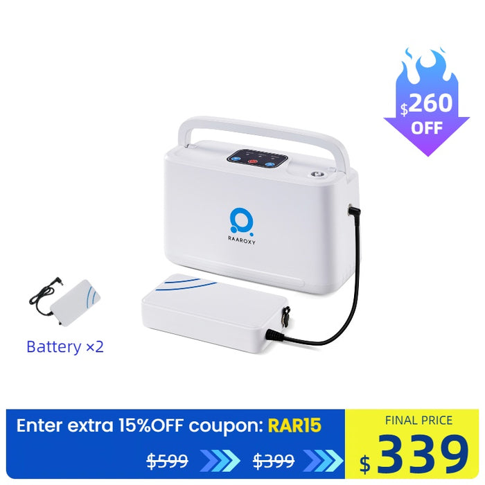 RAAROXY 3L/min Portable Continuous Flow Oxygen Concentrator RS01-with 2 Batteries